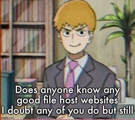 Reigen arataka | Does anyone know any good file host websites
I doubt any of you do but still | image tagged in reigen arataka | made w/ Imgflip meme maker