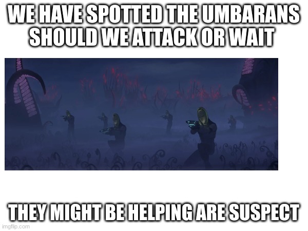 WE HAVE SPOTTED THE UMBARANS SHOULD WE ATTACK OR WAIT THEY MIGHT BE HELPING ARE SUSPECT | made w/ Imgflip meme maker