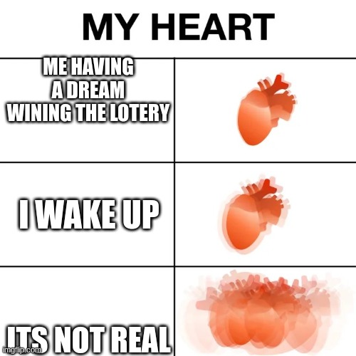 my heart | ME HAVING A DREAM WINING THE LOTERY; I WAKE UP; ITS NOT REAL | image tagged in my heart | made w/ Imgflip meme maker