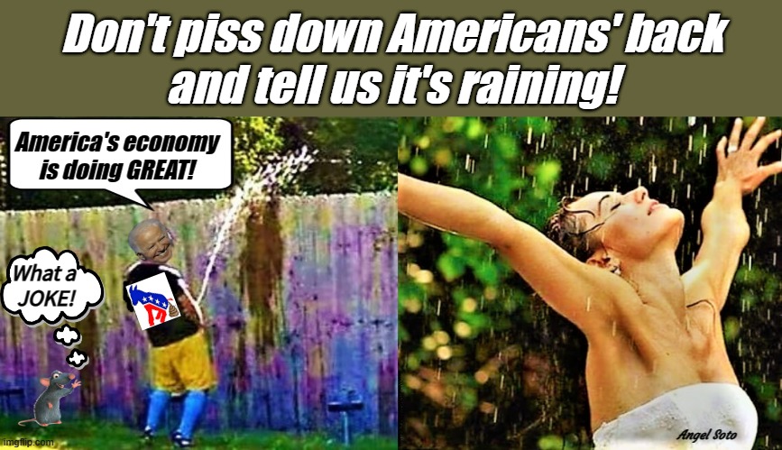 biden don't piss down Americans back and tell us it's raining | Don't piss down Americans' back
and tell us it's raining! America's economy
is doing GREAT! What a 
JOKE! Angel Soto | image tagged in joe biden,american,economy,piss,raining,democratic socialism | made w/ Imgflip meme maker