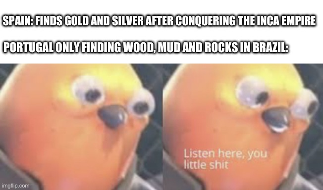 Listen here you little shit bird | SPAIN: FINDS GOLD AND SILVER AFTER CONQUERING THE INCA EMPIRE; PORTUGAL ONLY FINDING WOOD, MUD AND ROCKS IN BRAZIL: | image tagged in listen here you little shit bird | made w/ Imgflip meme maker