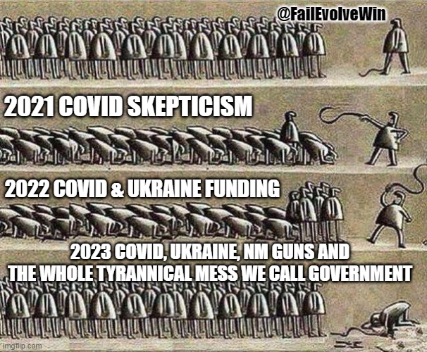 The People Stand | @FailEvolveWin; 2021 COVID SKEPTICISM; 2022 COVID & UKRAINE FUNDING; 2023 COVID, UKRAINE, NM GUNS AND THE WHOLE TYRANNICAL MESS WE CALL GOVERNMENT | image tagged in the people stand | made w/ Imgflip meme maker