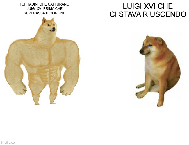 Buff Doge vs. Cheems | I CITTADINI CHE CATTURANO 
LUIGI XVI PRIMA CHE 
SUPERASSA IL CONFINE; LUIGI XVI CHE CI STAVA RIUSCENDO | image tagged in memes,buff doge vs cheems | made w/ Imgflip meme maker