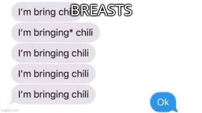 I'm bring chili | BREASTS | image tagged in i'm bring chili | made w/ Imgflip meme maker