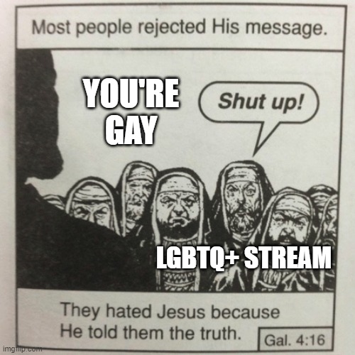 They hated jesus because he told them the truth | YOU'RE GAY; LGBTQ+ STREAM | image tagged in they hated jesus because he told them the truth | made w/ Imgflip meme maker