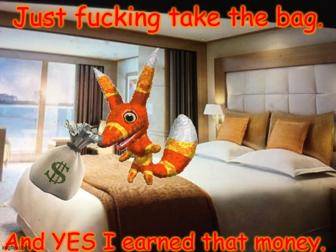 Cruise ship bedroom | Just fucking take the bag. And YES I earned that money. | image tagged in cruise ship bedroom | made w/ Imgflip meme maker