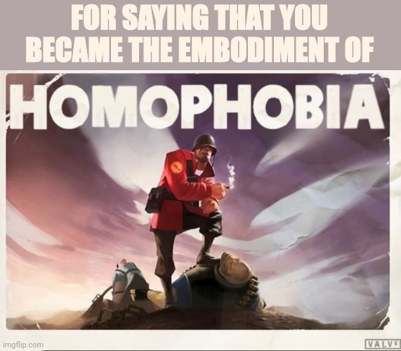 Soldier TF2 Homophobia | FOR SAYING THAT YOU BECAME THE EMBODIMENT OF | image tagged in soldier tf2 homophobia | made w/ Imgflip meme maker