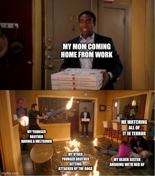 2 MEMES OF THE SAME TEMPLATE IN A ROW BABYYYY | MY MOM COMING HOME FROM WORK; ME WATCHING ALL OF IT IN TERROR; MY YOUNGER BROTHER HAVING A MELTDOWN; MY OTHER YOUNGER BROTHER GETTING ATTACKED BY THE DOGS; MY OLDER SISTER ARGUING WITH HER BF | image tagged in community fire pizza meme,funny | made w/ Imgflip meme maker