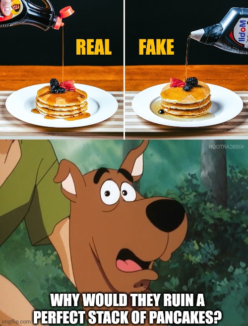 THAT'S JUST TERRIBLE | WHY WOULD THEY RUIN A PERFECT STACK OF PANCAKES? | image tagged in fake,ads,pancakes | made w/ Imgflip meme maker