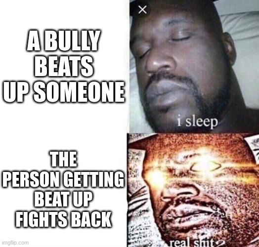 Teachers be like: | A BULLY BEATS UP SOMEONE; THE PERSON GETTING BEAT UP FIGHTS BACK | image tagged in i sleep real shit | made w/ Imgflip meme maker