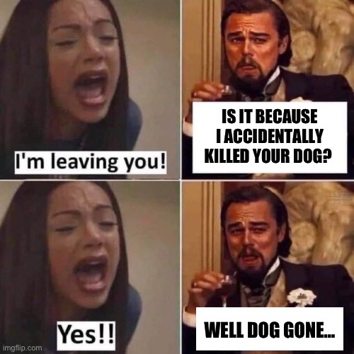 IS IT BECAUSE I ACCIDENTALLY KILLED YOUR DOG? WELL DOG GONE… | image tagged in leonardo dicaprio wolf of wall street,animals,funny dogs,republicans,maga,donald trump | made w/ Imgflip meme maker