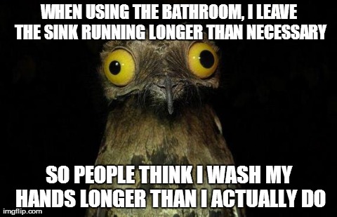 Weird Stuff I Do Potoo | WHEN USING THE BATHROOM, I LEAVE THE SINK RUNNING LONGER THAN NECESSARY SO PEOPLE THINK I WASH MY HANDS LONGER THAN I ACTUALLY DO | image tagged in memes,weird stuff i do potoo,AdviceAnimals | made w/ Imgflip meme maker