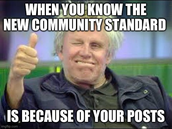 Community standards | WHEN YOU KNOW THE NEW COMMUNITY STANDARD; IS BECAUSE OF YOUR POSTS | image tagged in gary busey approves | made w/ Imgflip meme maker