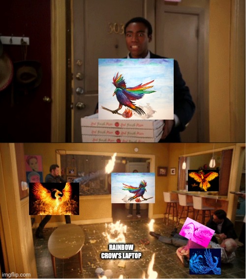 What will happen if Phoenixes loss of sanity | RAINBOW CROW'S LAPTOP | image tagged in community fire pizza meme,phoenix,insanity,sanity | made w/ Imgflip meme maker