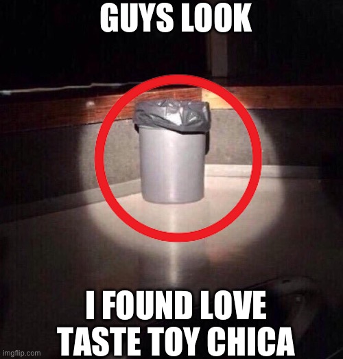 Scrap Metal | GUYS LOOK; I FOUND LOVE TASTE TOY CHICA | image tagged in trash can spotlight | made w/ Imgflip meme maker