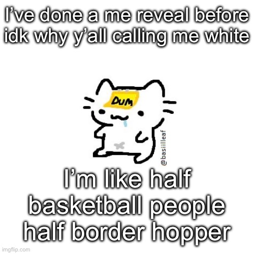 I’m Colombian cuhs | I’ve done a me reveal before idk why y’all calling me white; I’m like half basketball people half border hopper | image tagged in basil | made w/ Imgflip meme maker