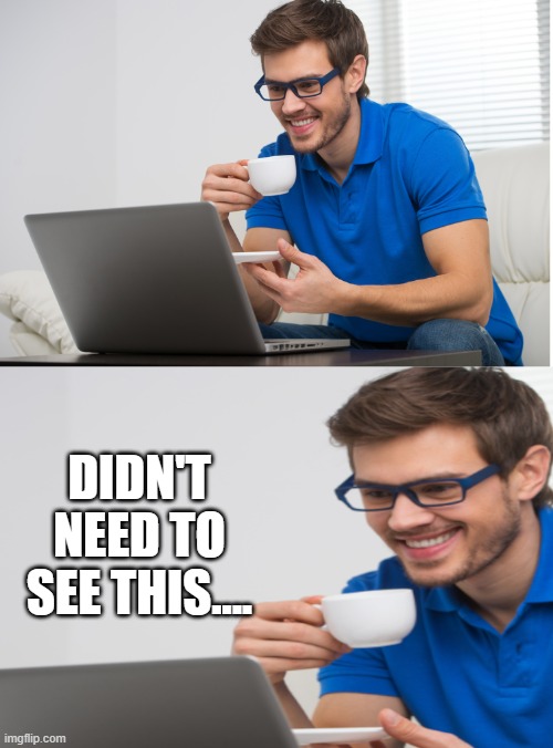 Guy drinking coffee and looking at PC with a smile | DIDN'T NEED TO SEE THIS.... | image tagged in guy drinking coffee and looking at pc with a smile | made w/ Imgflip meme maker