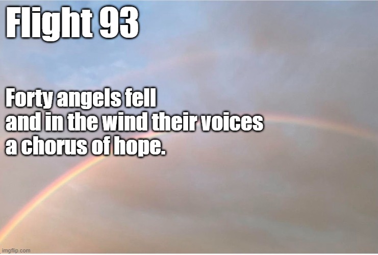 Flight 93; Forty angels fell
and in the wind their voices
a chorus of hope. | image tagged in history | made w/ Imgflip meme maker