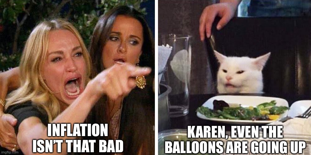 Inflation | INFLATION ISN’T THAT BAD; KAREN, EVEN THE BALLOONS ARE GOING UP | image tagged in smudge the cat | made w/ Imgflip meme maker