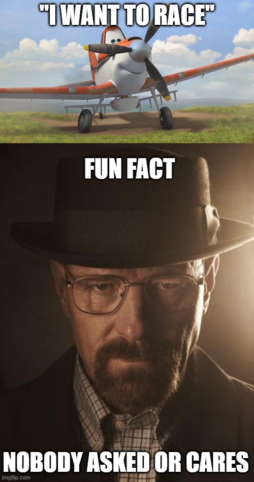 "I WANT TO RACE"; FUN FACT; NOBODY ASKED OR CARES | image tagged in snowflake,walter white | made w/ Imgflip meme maker