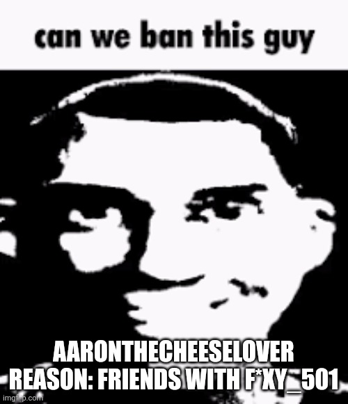 Can we ban this guy | AARONTHECHEESELOVER
REASON: FRIENDS WITH F*XY_501 | image tagged in can we ban this guy | made w/ Imgflip meme maker