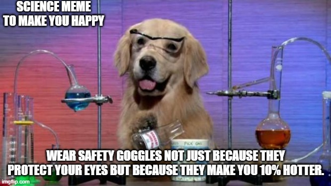 Chemistry Dog | SCIENCE MEME TO MAKE YOU HAPPY; WEAR SAFETY GOGGLES NOT JUST BECAUSE THEY PROTECT YOUR EYES BUT BECAUSE THEY MAKE YOU 10% HOTTER. | image tagged in chemistry dog | made w/ Imgflip meme maker