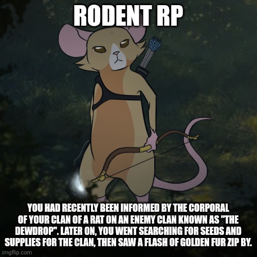 Rodents | RODENT RP; YOU HAD RECENTLY BEEN INFORMED BY THE CORPORAL OF YOUR CLAN OF A RAT ON AN ENEMY CLAN KNOWN AS "THE DEWDROP". LATER ON, YOU WENT SEARCHING FOR SEEDS AND SUPPLIES FOR THE CLAN, THEN SAW A FLASH OF GOLDEN FUR ZIP BY. | image tagged in rats,mouse,marten | made w/ Imgflip meme maker