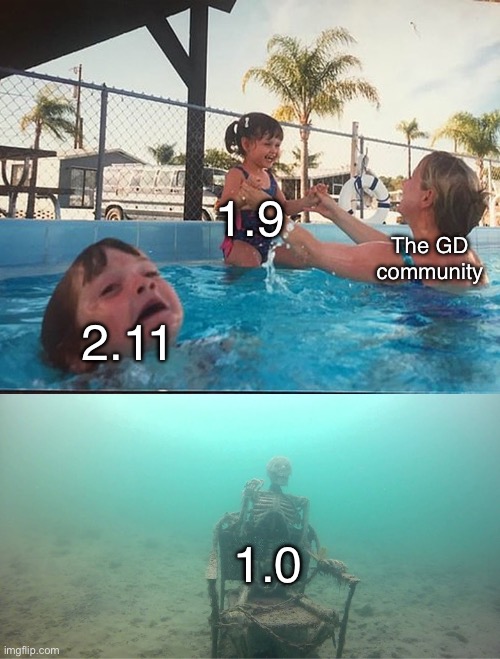 The gd community with updates | 1.9; The GD community; 2.11; 1.0 | image tagged in mother ignoring kid drowning in a pool | made w/ Imgflip meme maker