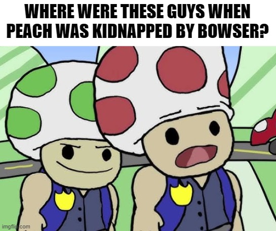 WHERE WERE THESE GUYS WHEN PEACH WAS KIDNAPPED BY BOWSER? | image tagged in memes,funny | made w/ Imgflip meme maker
