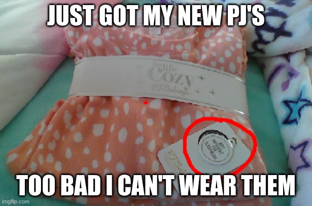 If you can't read the tag it says "Not intended for sleepwear" | JUST GOT MY NEW PJ'S; TOO BAD I CAN'T WEAR THEM | image tagged in fun,real life,funny | made w/ Imgflip meme maker