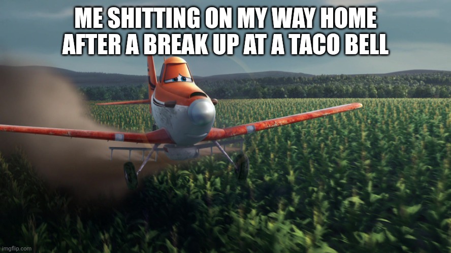Sad Dusty Crophopper crop dusting | ME SHITTING ON MY WAY HOME AFTER A BREAK UP AT A TACO BELL | image tagged in sad dusty crophopper crop dusting | made w/ Imgflip meme maker