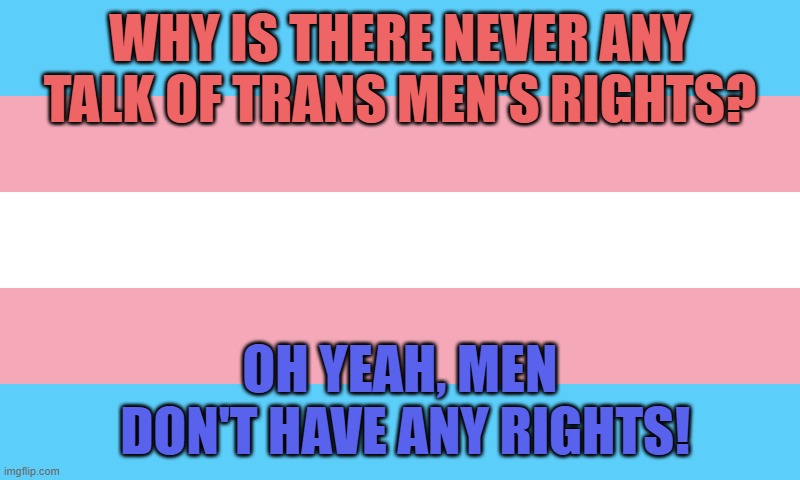 Equal Rights | WHY IS THERE NEVER ANY TALK OF TRANS MEN'S RIGHTS? OH YEAH, MEN
 DON'T HAVE ANY RIGHTS! | image tagged in lgbtq,lgbt,men,women,equality,transgender | made w/ Imgflip meme maker