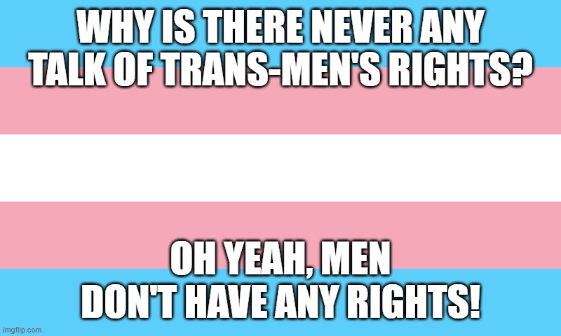 Men's-ish Rights | WHY IS THERE NEVER ANY TALK OF TRANS-MEN'S RIGHTS? OH YEAH, MEN
DON'T HAVE ANY RIGHTS! | image tagged in trans,men,women,equality,gender,men and women | made w/ Imgflip meme maker