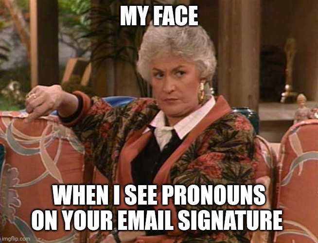 Oh yes I did | MY FACE; WHEN I SEE PRONOUNS ON YOUR EMAIL SIGNATURE | image tagged in dorothy golden girls | made w/ Imgflip meme maker