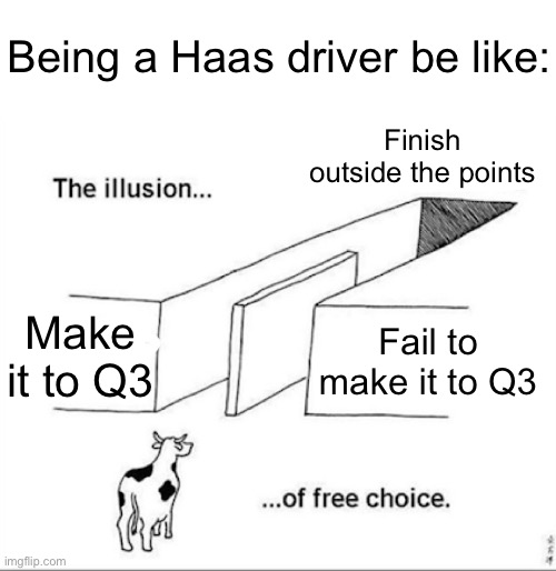 The car just doesn’t have any race pace | Being a Haas driver be like:; Finish outside the points; Make it to Q3; Fail to make it to Q3 | image tagged in illusion of free choice | made w/ Imgflip meme maker
