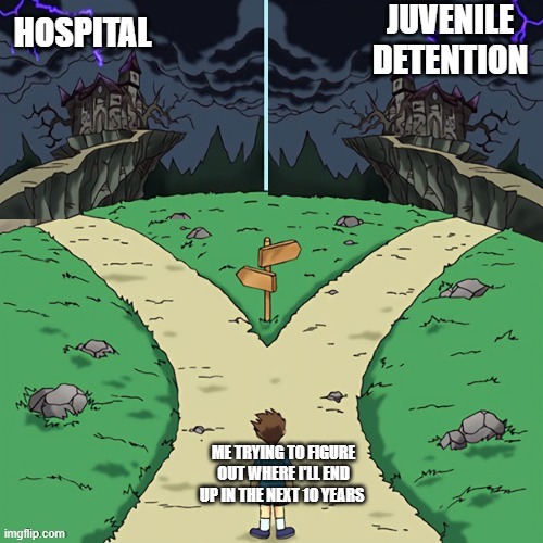Two castles (both dark) | JUVENILE DETENTION; HOSPITAL; ME TRYING TO FIGURE OUT WHERE I'LL END UP IN THE NEXT 10 YEARS | image tagged in two castles both dark | made w/ Imgflip meme maker
