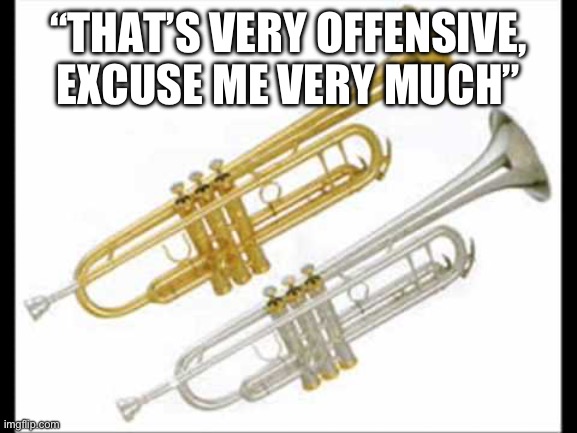 Trumpets | “THAT’S VERY OFFENSIVE, EXCUSE ME VERY MUCH” | image tagged in trumpets | made w/ Imgflip meme maker