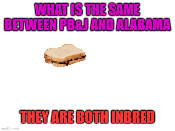 so funny | WHAT IS THE SAME BETWEEN PB&J AND ALABAMA; THEY ARE BOTH INBRED | image tagged in blank white template,dark humor,y u no,joke | made w/ Imgflip meme maker