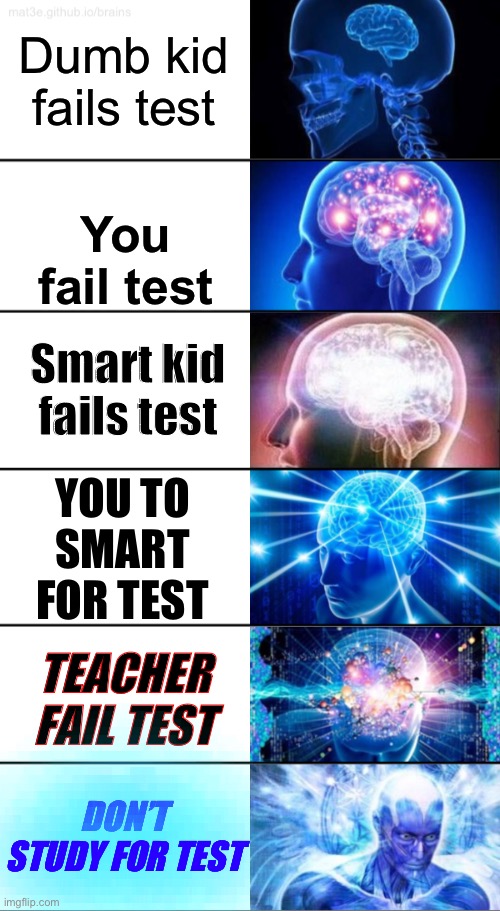 People on tests be like | Dumb kid fails test; You fail test; Smart kid fails test; YOU TO SMART FOR TEST; TEACHER FAIL TEST; DON’T STUDY FOR TEST | image tagged in 6-tier expanding brain,tests | made w/ Imgflip meme maker