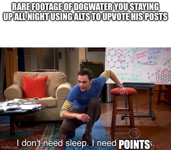 I Don't Need Sleep. I Need Answers | RARE FOOTAGE OF DOGWATER YOU STAYING UP ALL NIGHT USING ALTS TO UPVOTE HIS POSTS; POINTS | image tagged in i don't need sleep i need answers | made w/ Imgflip meme maker