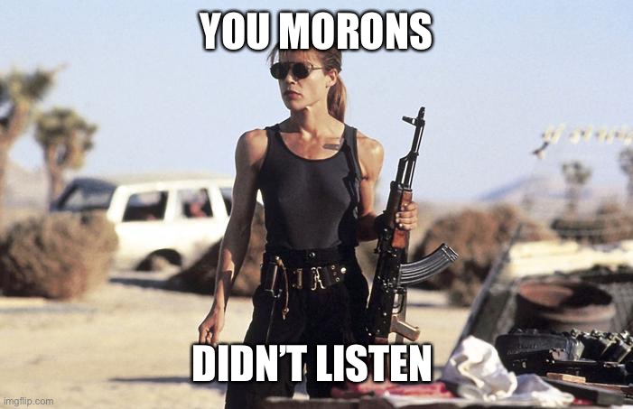 sarah connor | YOU MORONS DIDN’T LISTEN | image tagged in sarah connor | made w/ Imgflip meme maker