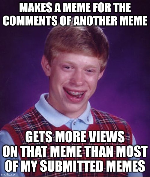 It's stupid. | MAKES A MEME FOR THE COMMENTS OF ANOTHER MEME; GETS MORE VIEWS ON THAT MEME THAN MOST OF MY SUBMITTED MEMES | image tagged in memes,bad luck brian | made w/ Imgflip meme maker