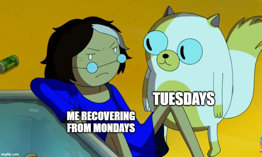 . | TUESDAYS; ME RECOVERING FROM MONDAYS | image tagged in me and the cat | made w/ Imgflip meme maker