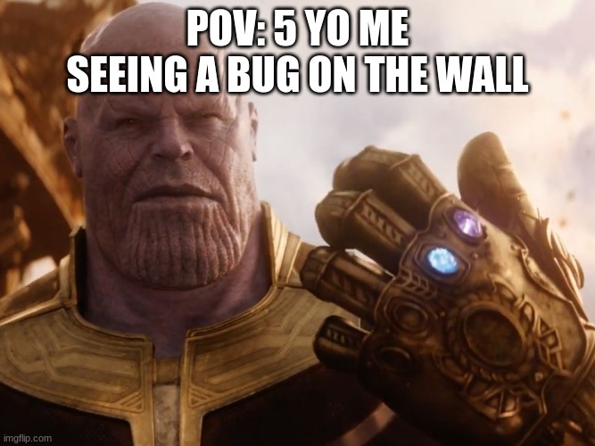 Thanos Smile | POV: 5 YO ME SEEING A BUG ON THE WALL | image tagged in thanos smile | made w/ Imgflip meme maker