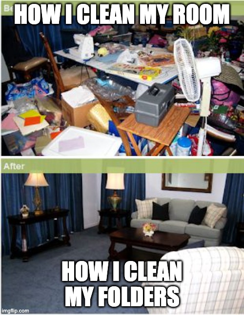 am I the only one? | HOW I CLEAN MY ROOM; HOW I CLEAN MY FOLDERS | image tagged in clean house before and after | made w/ Imgflip meme maker