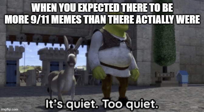 i don't have a good title for this | WHEN YOU EXPECTED THERE TO BE MORE 9/11 MEMES THAN THERE ACTIALLY WERE | image tagged in it s quiet too quiet shrek | made w/ Imgflip meme maker