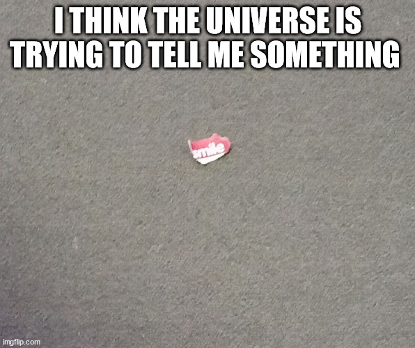 smileeee | I THINK THE UNIVERSE IS TRYING TO TELL ME SOMETHING | image tagged in lol,smile,random | made w/ Imgflip meme maker