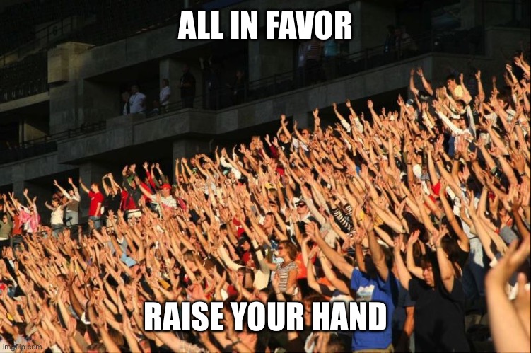 Raise your hands crowd | ALL IN FAVOR RAISE YOUR HAND | image tagged in raise your hands crowd | made w/ Imgflip meme maker