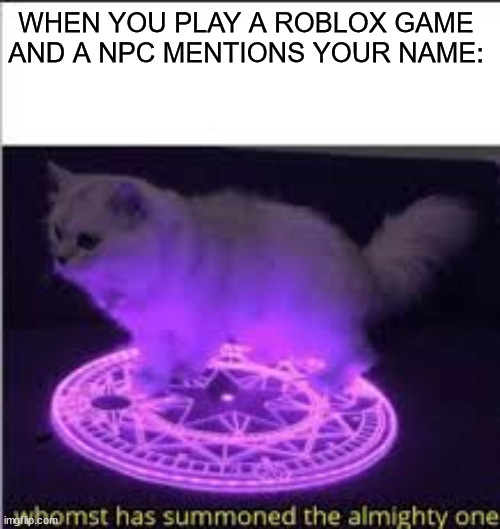 Whomst has Summoned the almighty one | WHEN YOU PLAY A ROBLOX GAME AND A NPC MENTIONS YOUR NAME: | image tagged in whomst has summoned the almighty one,roblox | made w/ Imgflip meme maker