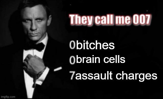 They call me 007 | bitches; brain cells; assault charges | image tagged in they call me 007,memes | made w/ Imgflip meme maker